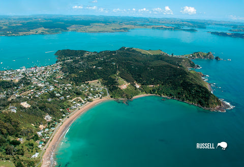 SBI180 - Russell Aerial - Tapeka & Long Beach - Small Postc - Postcards NZ Ltd
